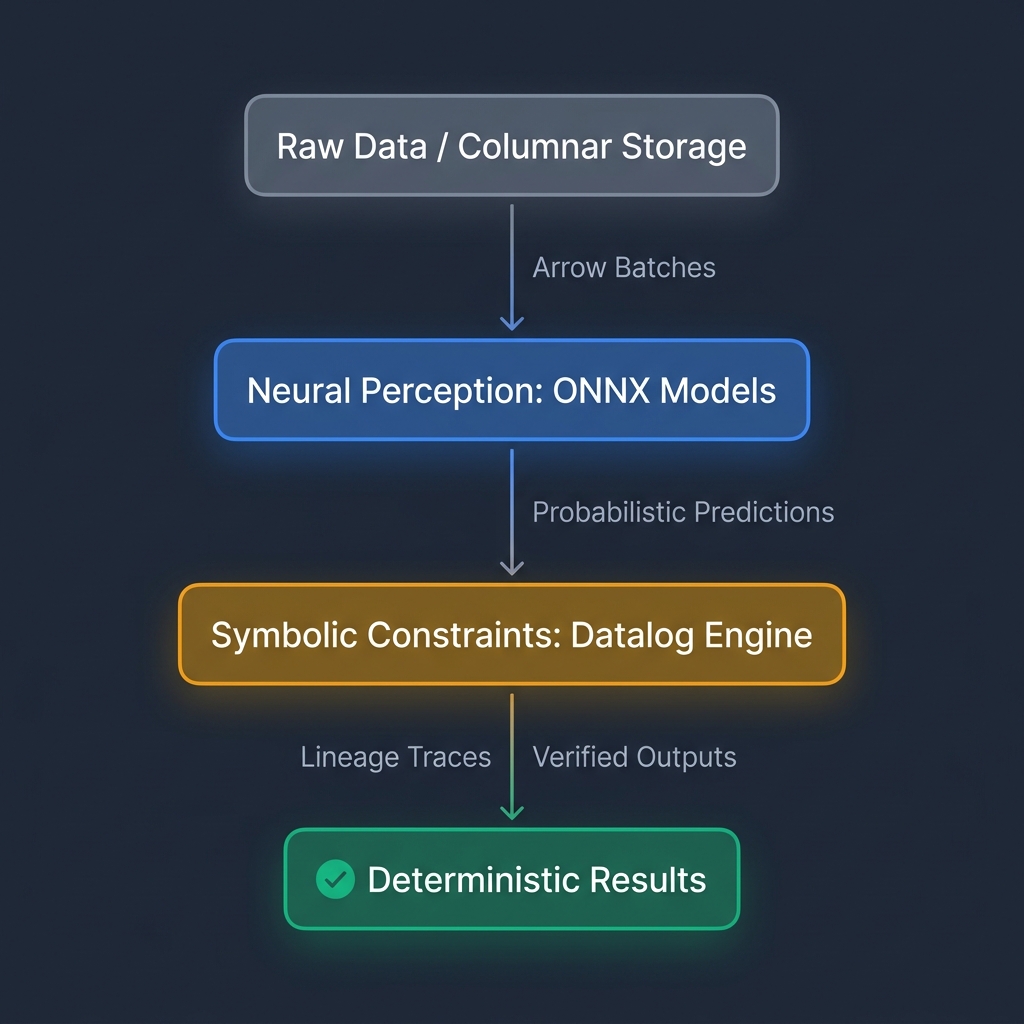 Neurosymbolic Execution Pipeline: Raw Data flows through Neural Perception (ONNX), Symbolic Constraints (Datalog), and Provenance Tracking to produce Deterministic Results.