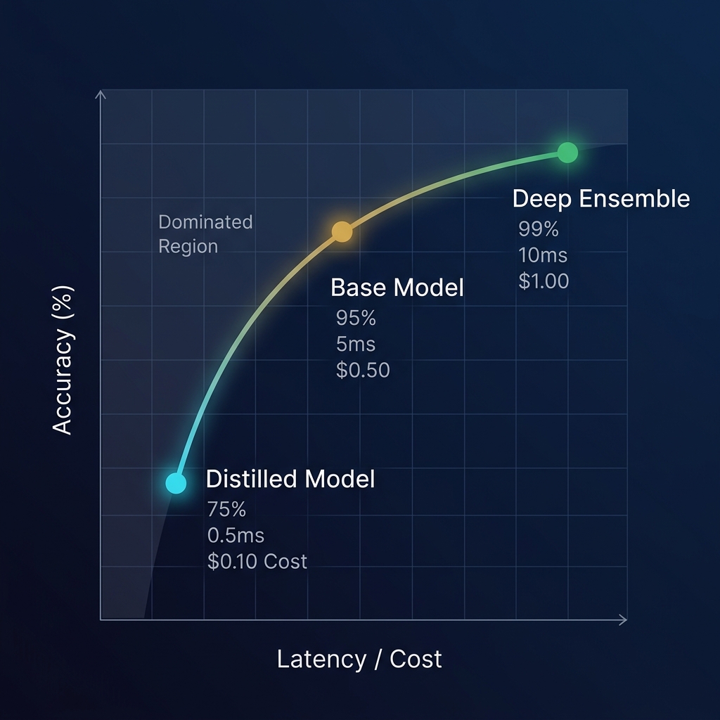 Pareto Frontier showing the tradeoff between Accuracy, Latency, and Cost across three model variants: Distilled, Base, and Deep Ensemble.