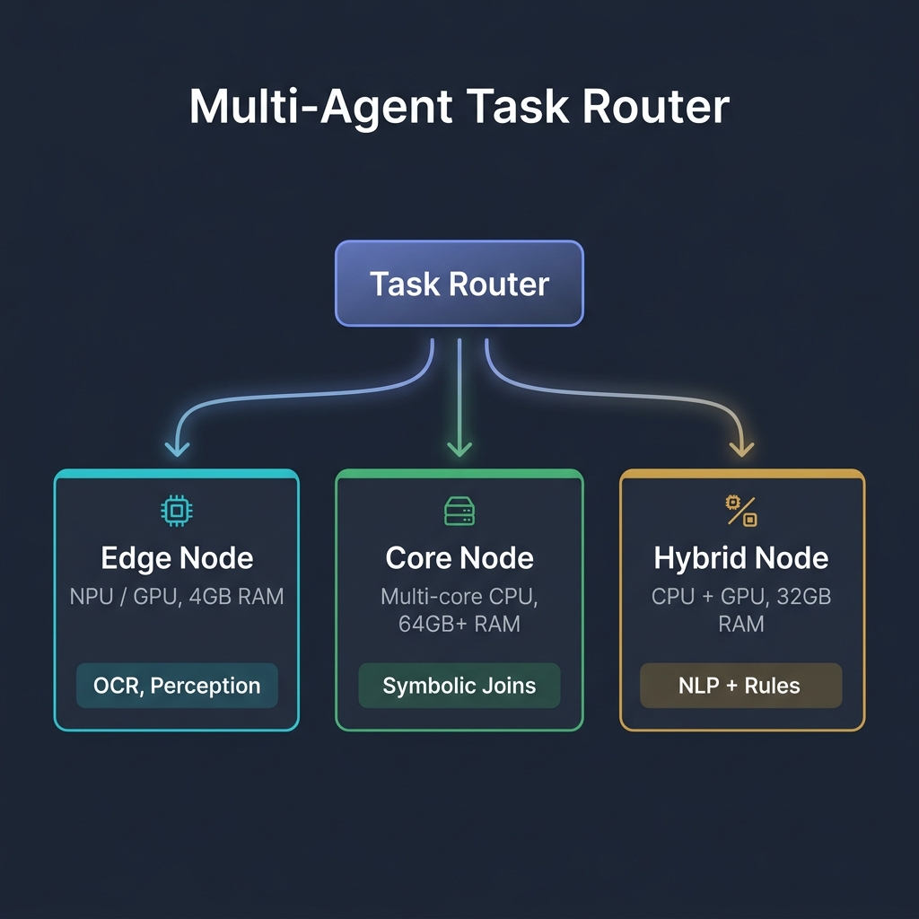 Multi-Agent Task Router distributing workloads across Edge, Core, and Hybrid compute nodes.